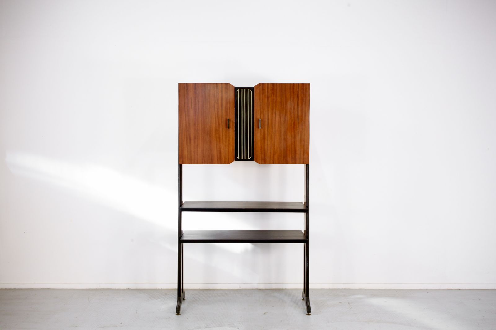 Midcentury Italian Freestanding Modular Bookshelf In Teak And Brass photo for sale