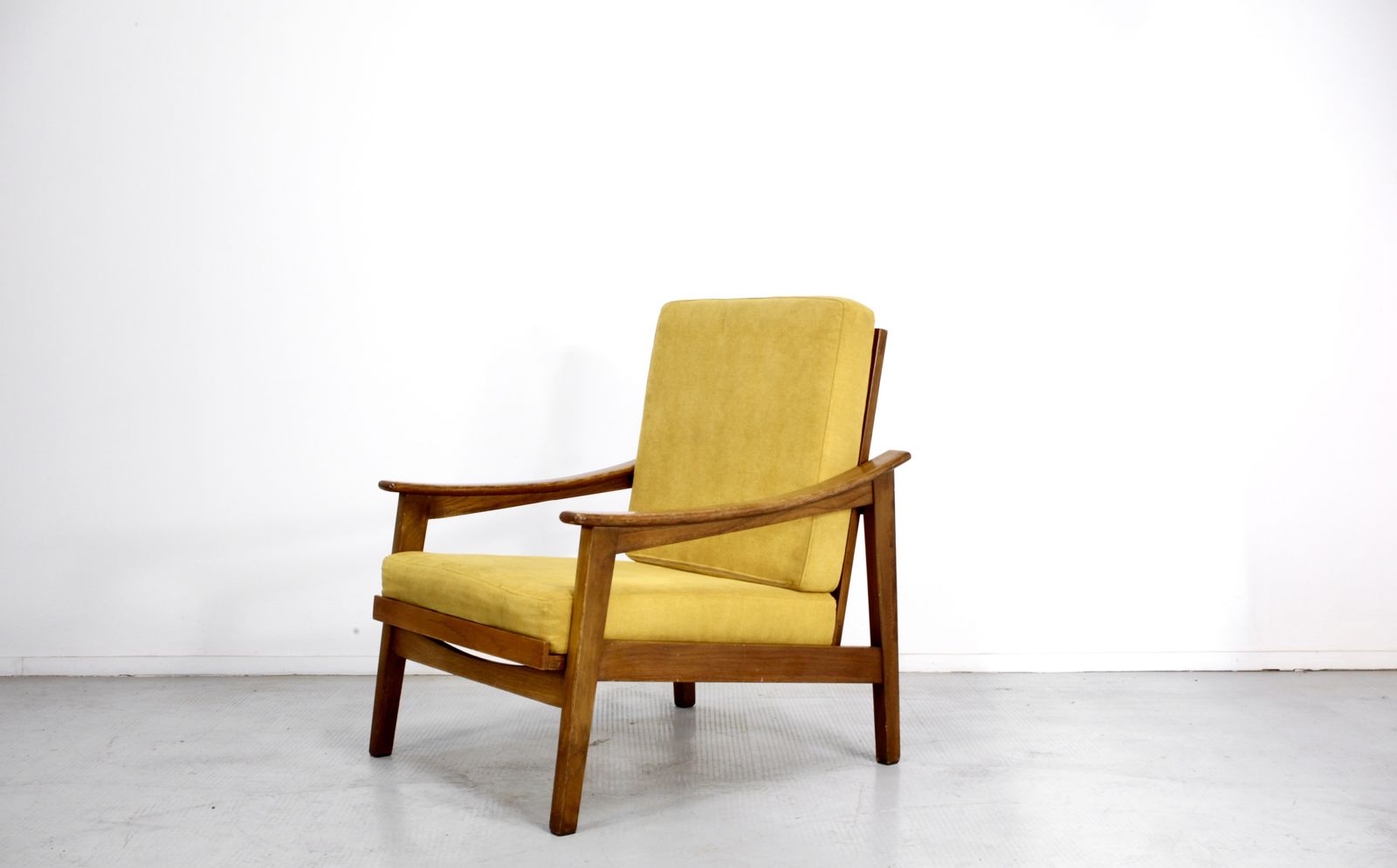 Midcentury Italian Armchair In Teak And Mustard Velvet. photo furniture