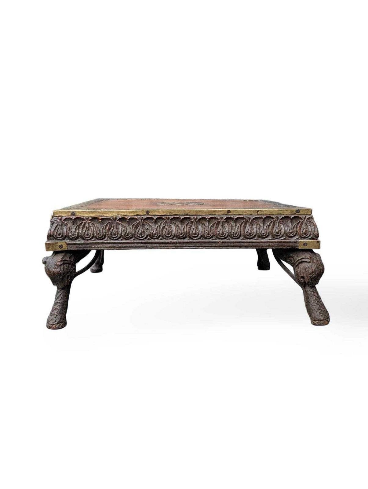 Antique Indian Bajot Low Table – 19th Century Carved Teak Chowki photo furniture