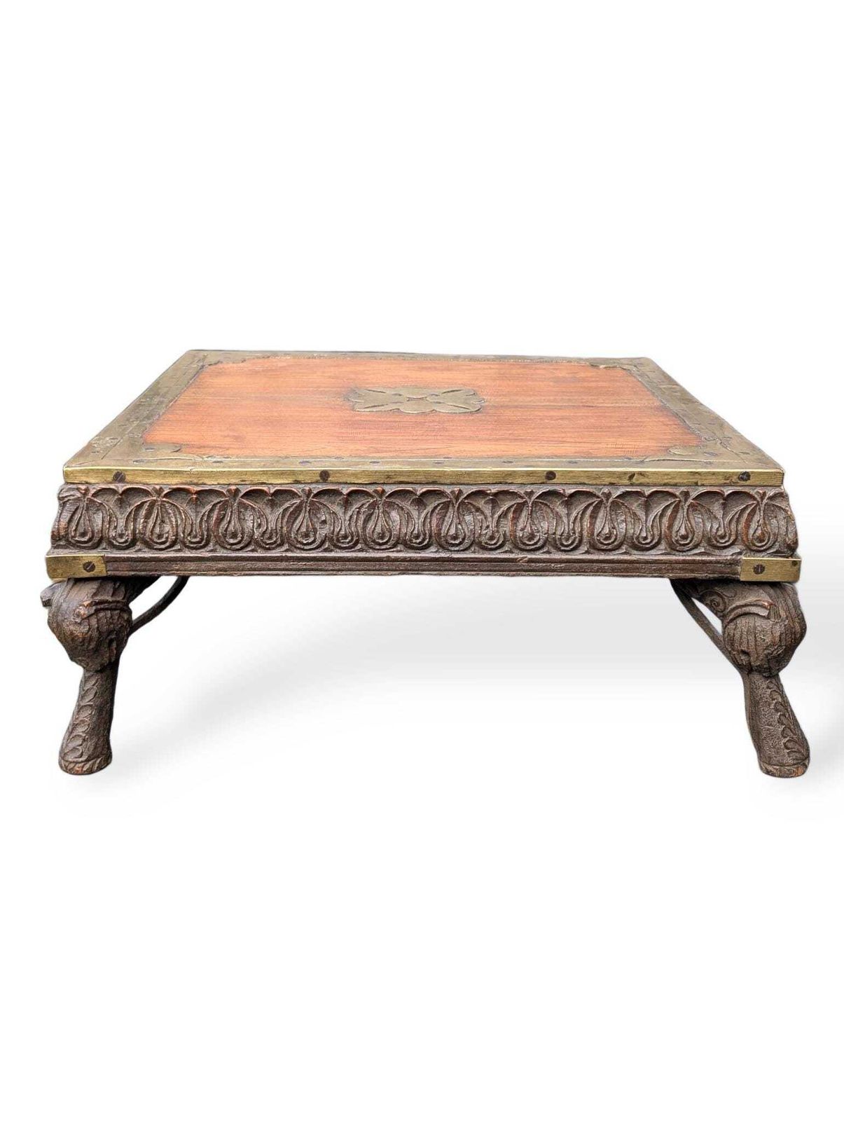 Antique Indian Bajot Low Table – 19th Century Carved Teak Chowki photo for sale