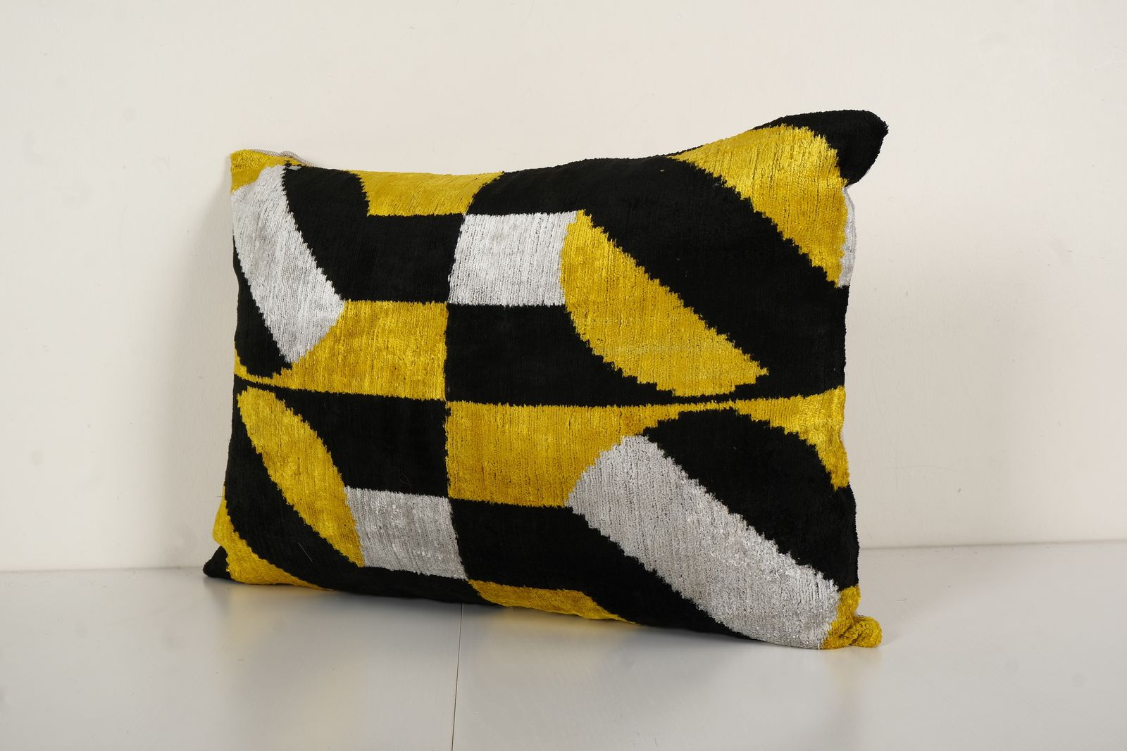 Hand Woven Velvet Ikat Lumbar Pillow Cover, Yellow Designer Cushion, Round Pattern Uzbek Couch Pillow 16" X 24" photo furniture