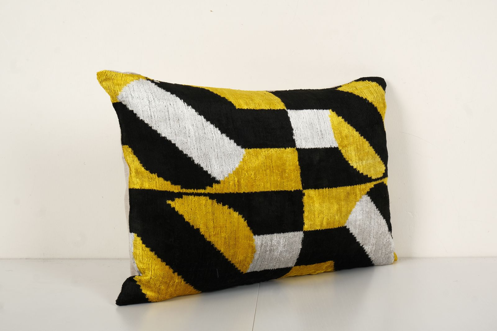 Hand Woven Velvet Ikat Lumbar Pillow Cover, Yellow Designer Cushion, Round Pattern Uzbek Couch Pillow 16" X 24" photo for sale