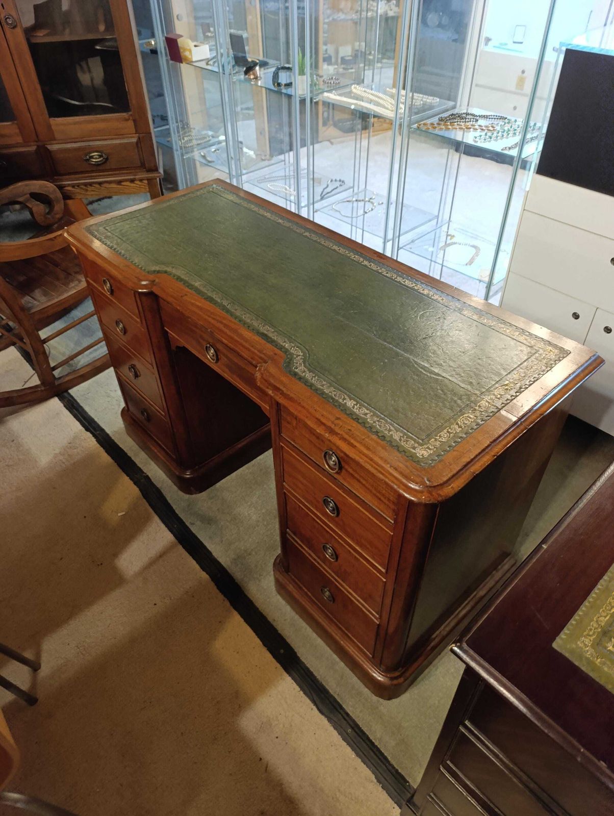 Victorian Mahogany Pedestal Desk With Green Tooled Leather Top photo for sale