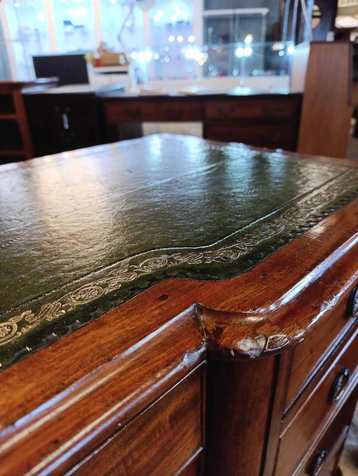 photo buy Victorian Mahogany Pedestal Desk With Green Tooled Leather Top