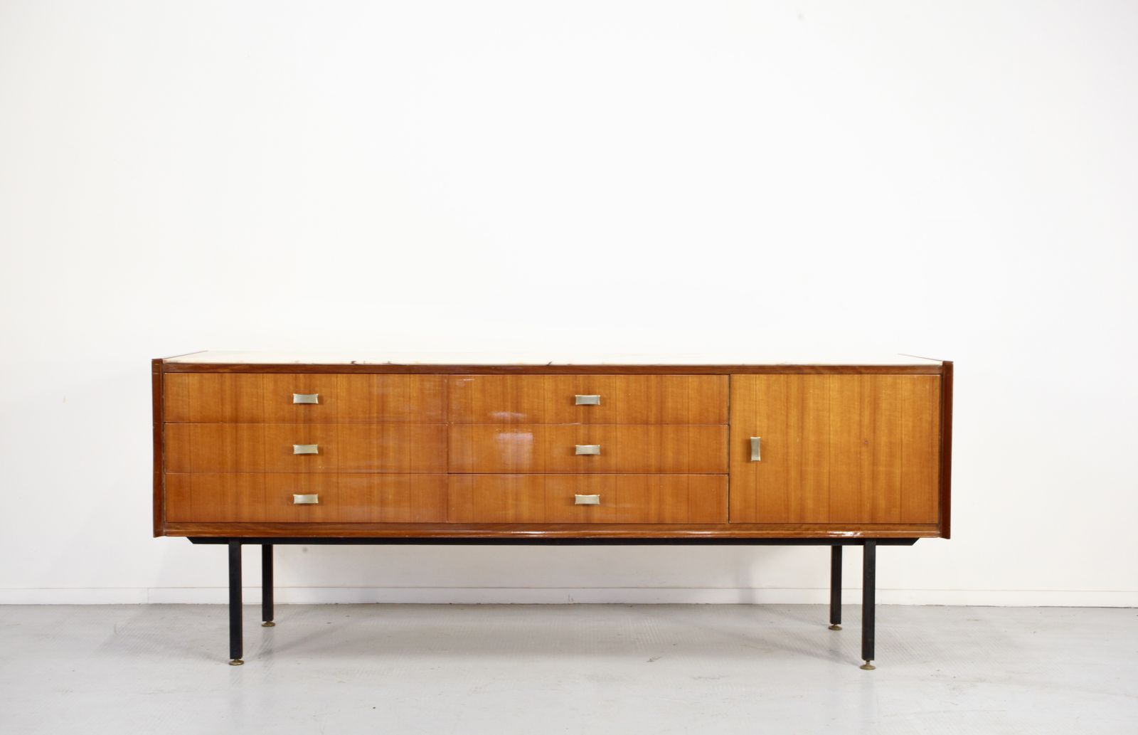Italian Midcentury Sideboard In Teak, Carrara Marble, Brass And Steel Manufactured In Cantu. photo furniture