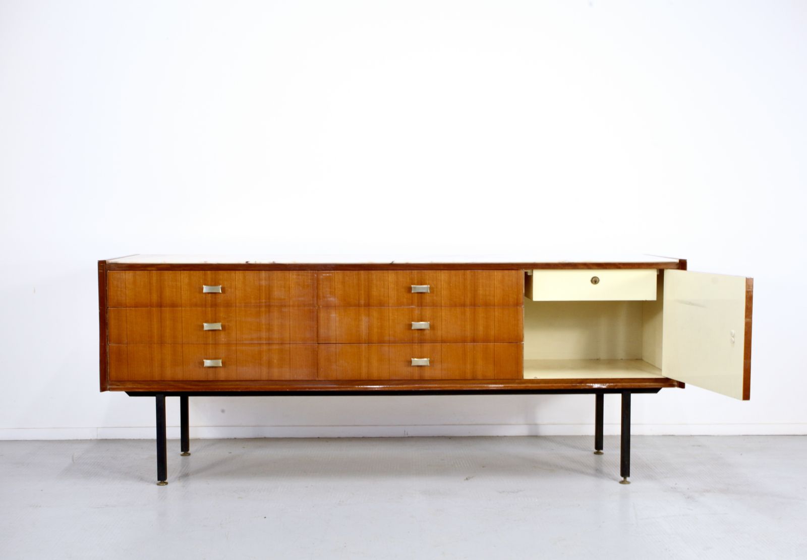 Italian Midcentury Sideboard In Teak, Carrara Marble, Brass And Steel Manufactured In Cantu. photo for sale