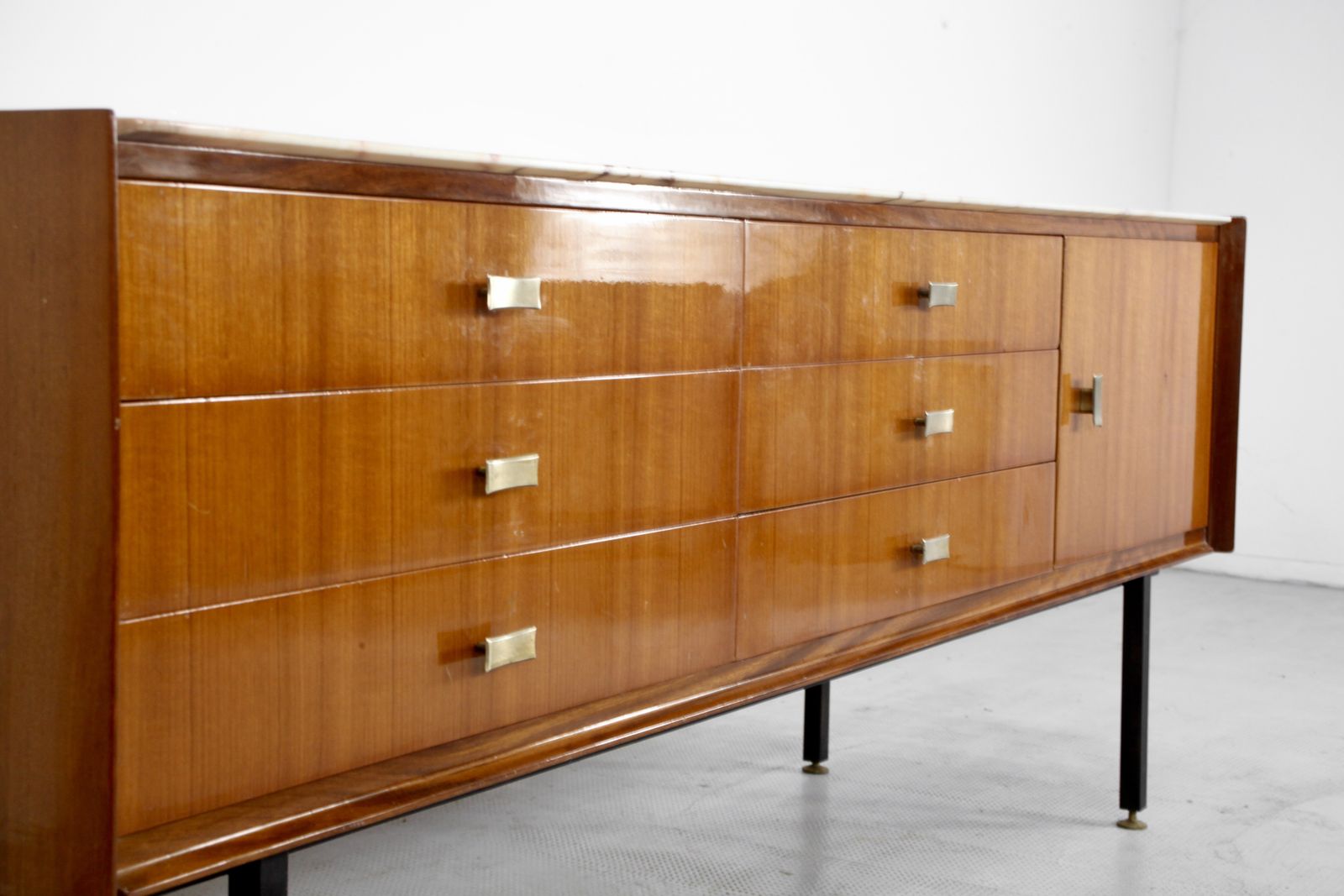 Italian Midcentury Sideboard In Teak, Carrara Marble, Brass And Steel Manufactured In Cantu. photo vintage