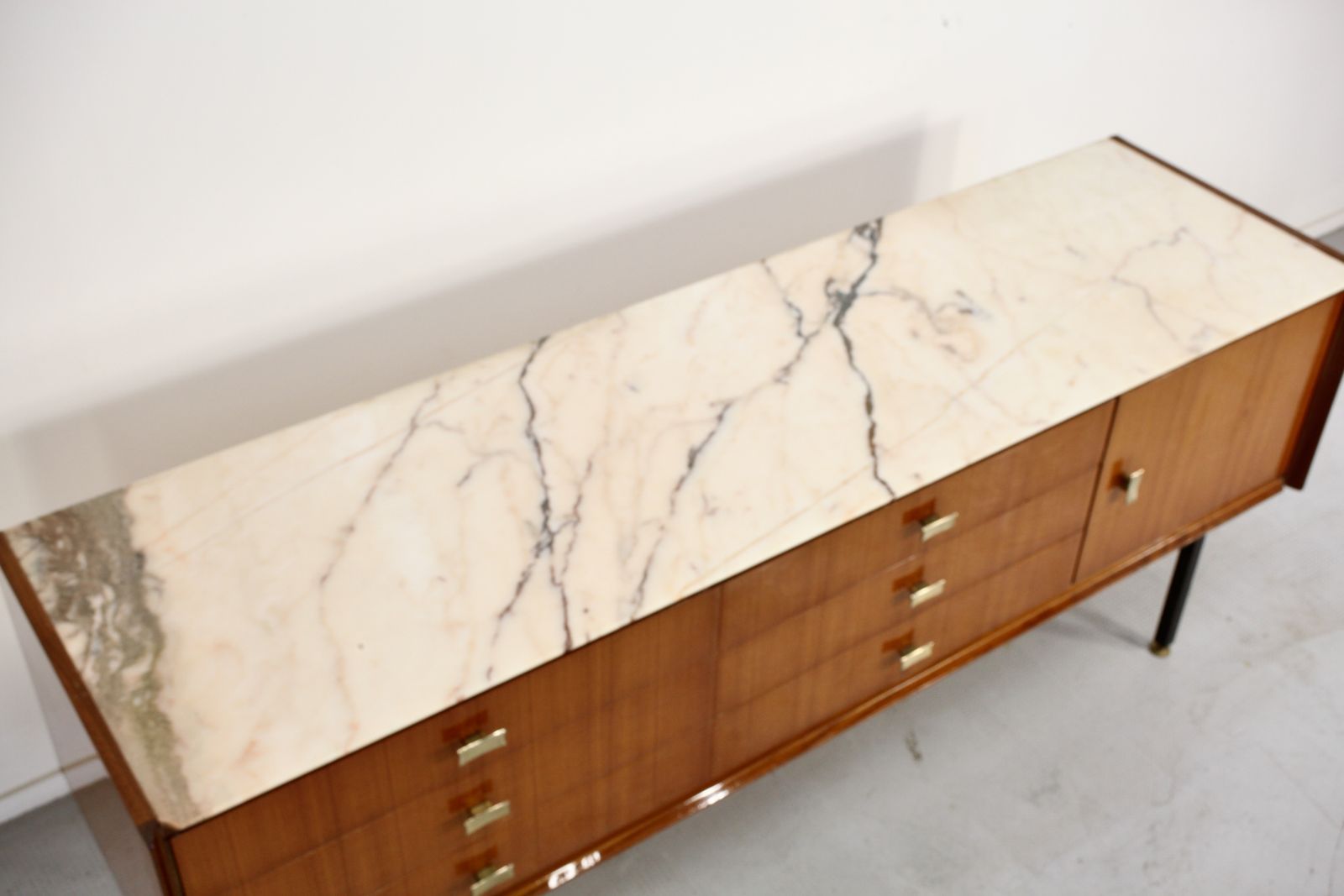 Furniture Italian Midcentury Sideboard In Teak, Carrara Marble, Brass And Steel Manufactured In Cantu. photo