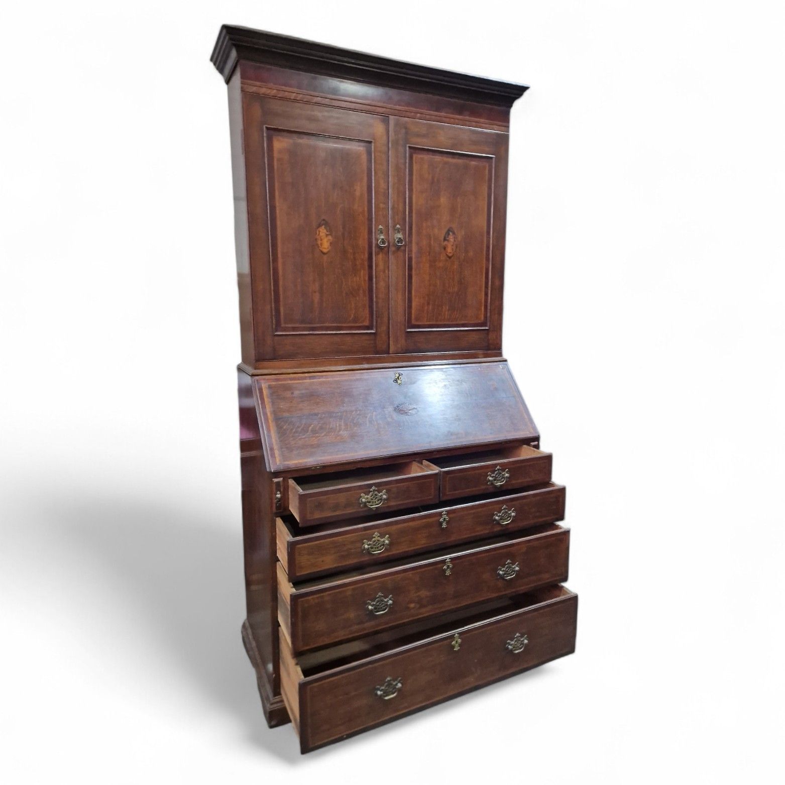 photo vintage Victorian Inlaid Oak Bureau Bookcase Georgian Revival C1890 Writing Desk Drawers