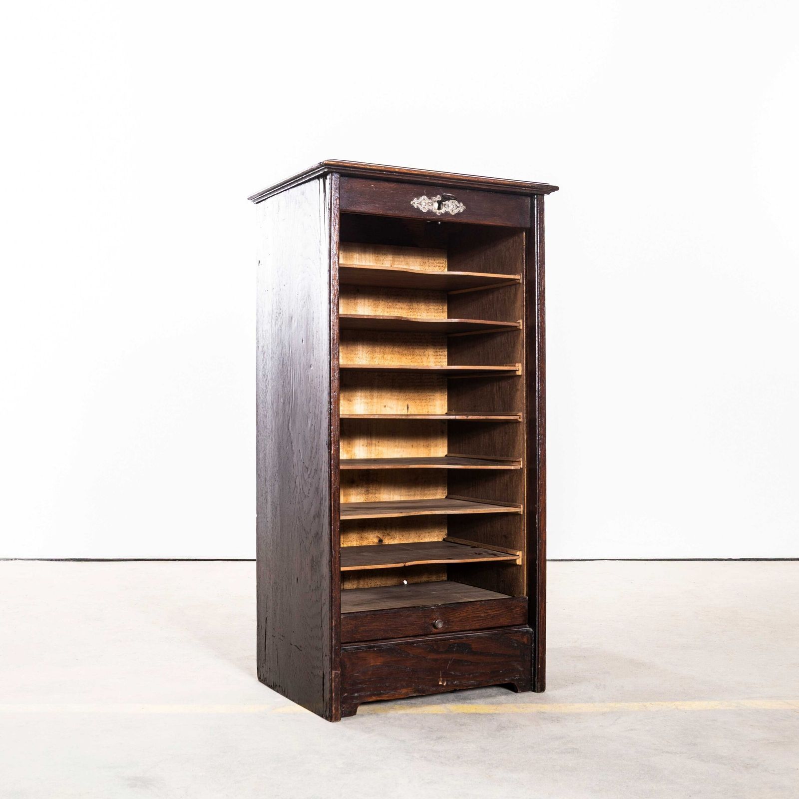 1940’s French Small Oak Atelier Tambour Cabinet photo for sale