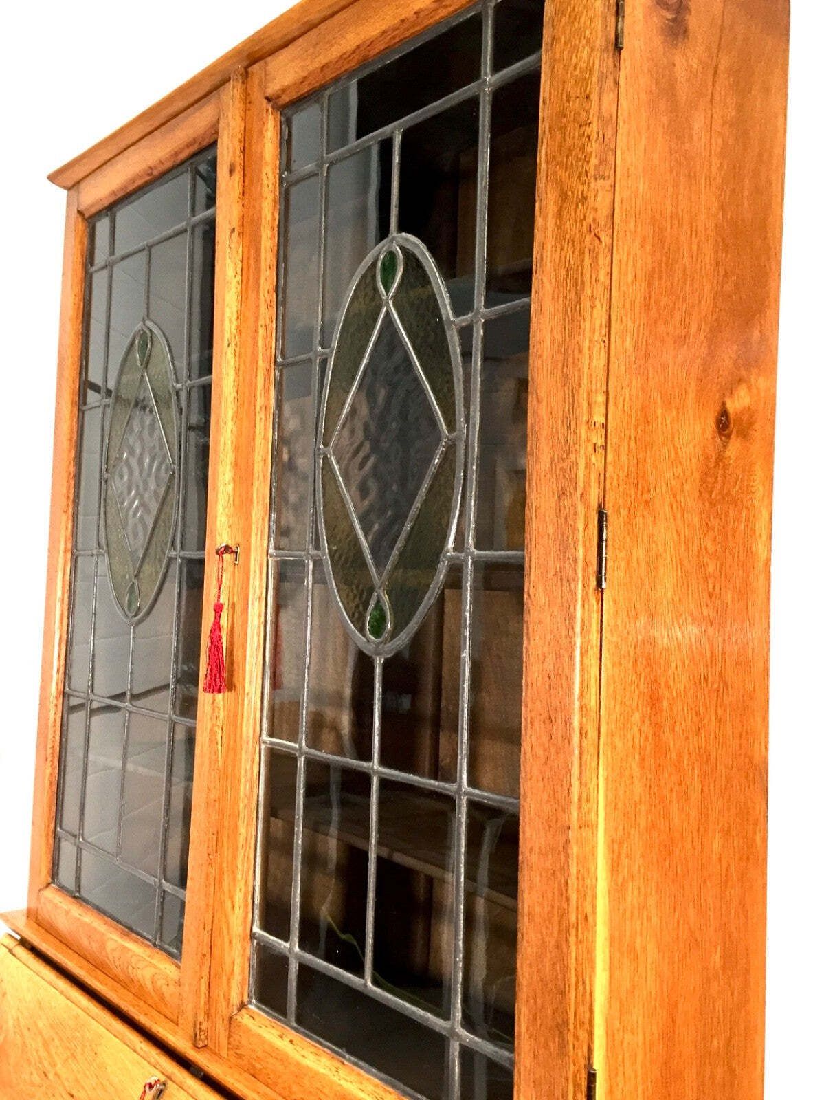Antique Oak Wooden Bureau & Display Bookcase Cabinet With Glazed Doors C.1930 photo vinterior