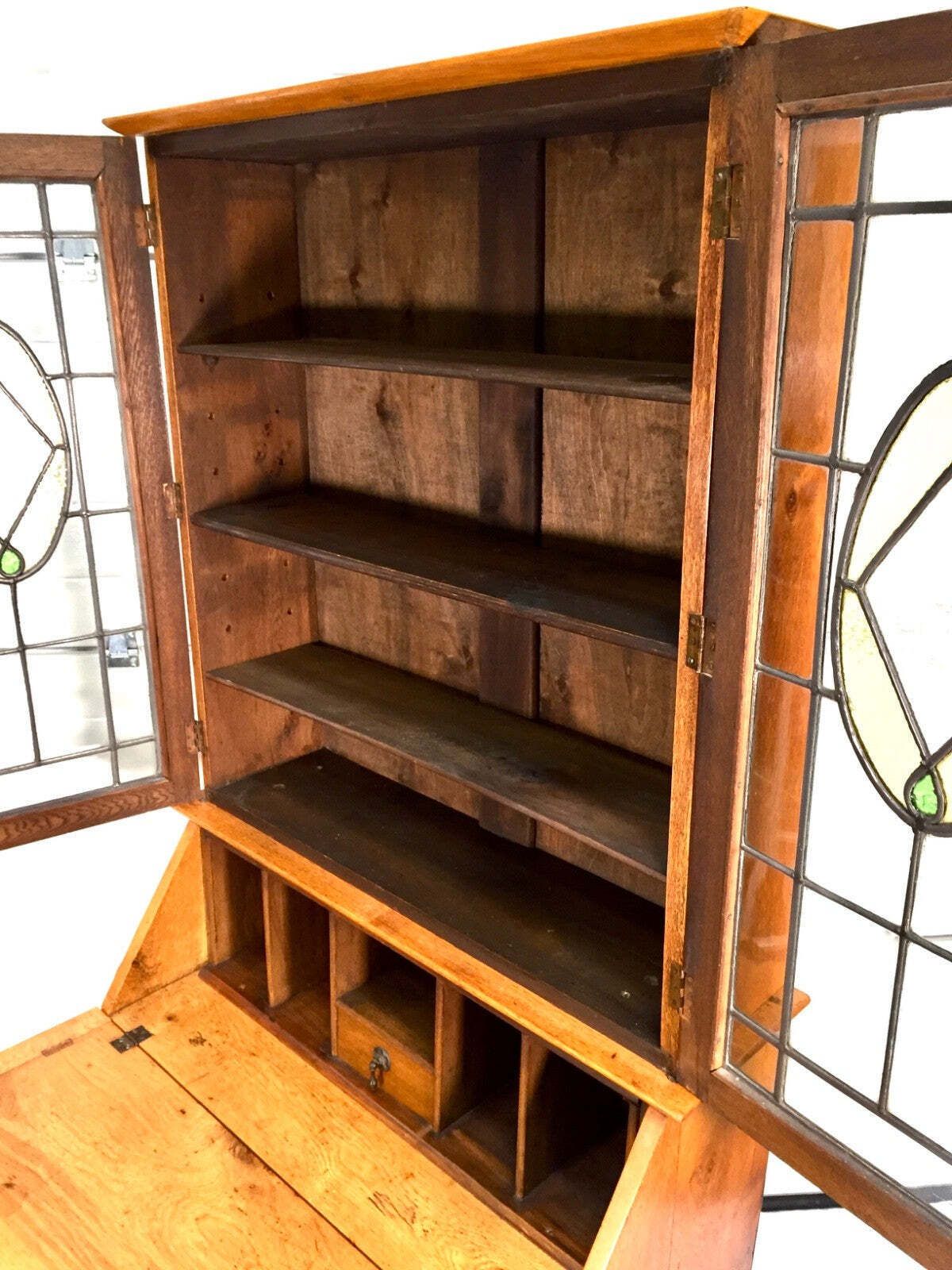 495.0 Antique Oak Wooden Bureau & Display Bookcase Cabinet With Glazed Doors C.1930 photo