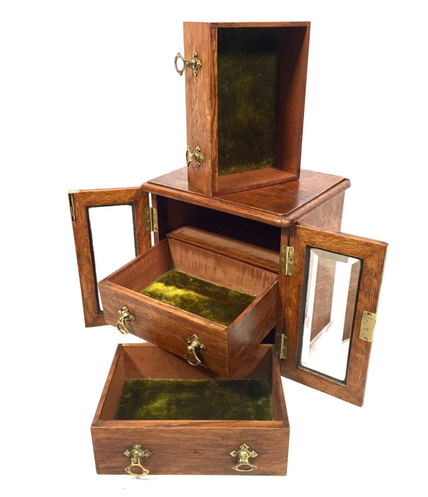 Antique Wooden Oak & Glass Tabletop Cabinet / Drawers / Jewellery Box With Key