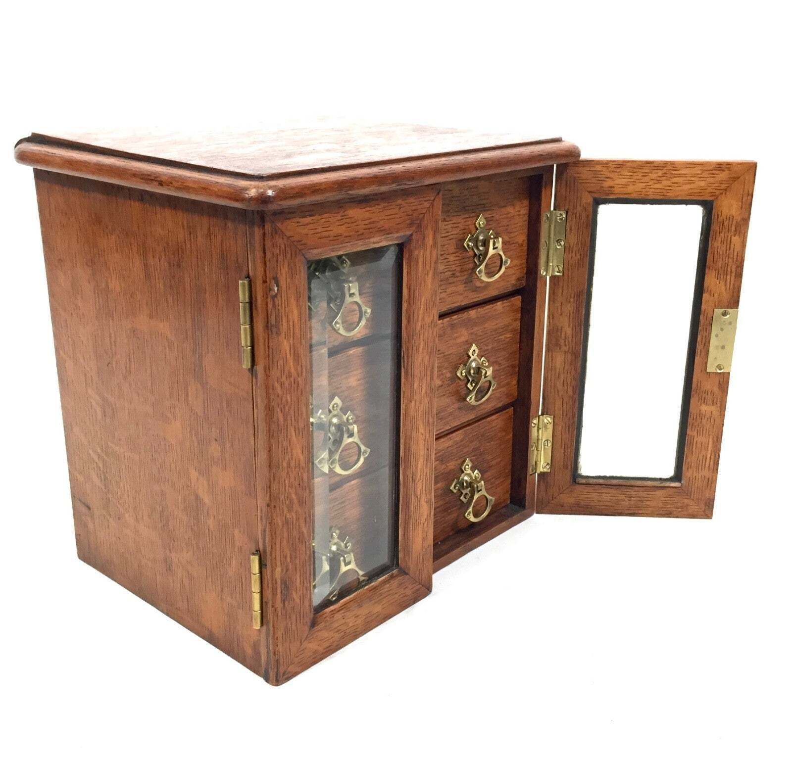 Antique Wooden Oak & Glass Tabletop Cabinet / Drawers / Jewellery Box With Key photo 245.0