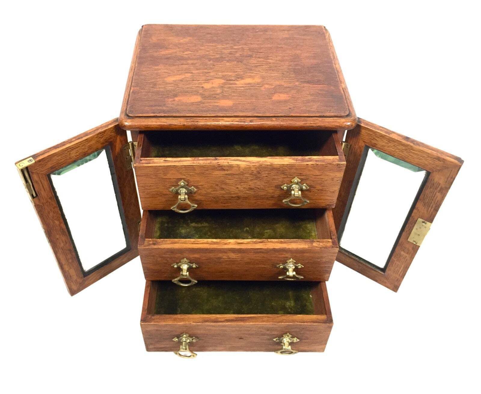 Antique Wooden Oak & Glass Tabletop Cabinet / Drawers / Jewellery Box With Key photo buy