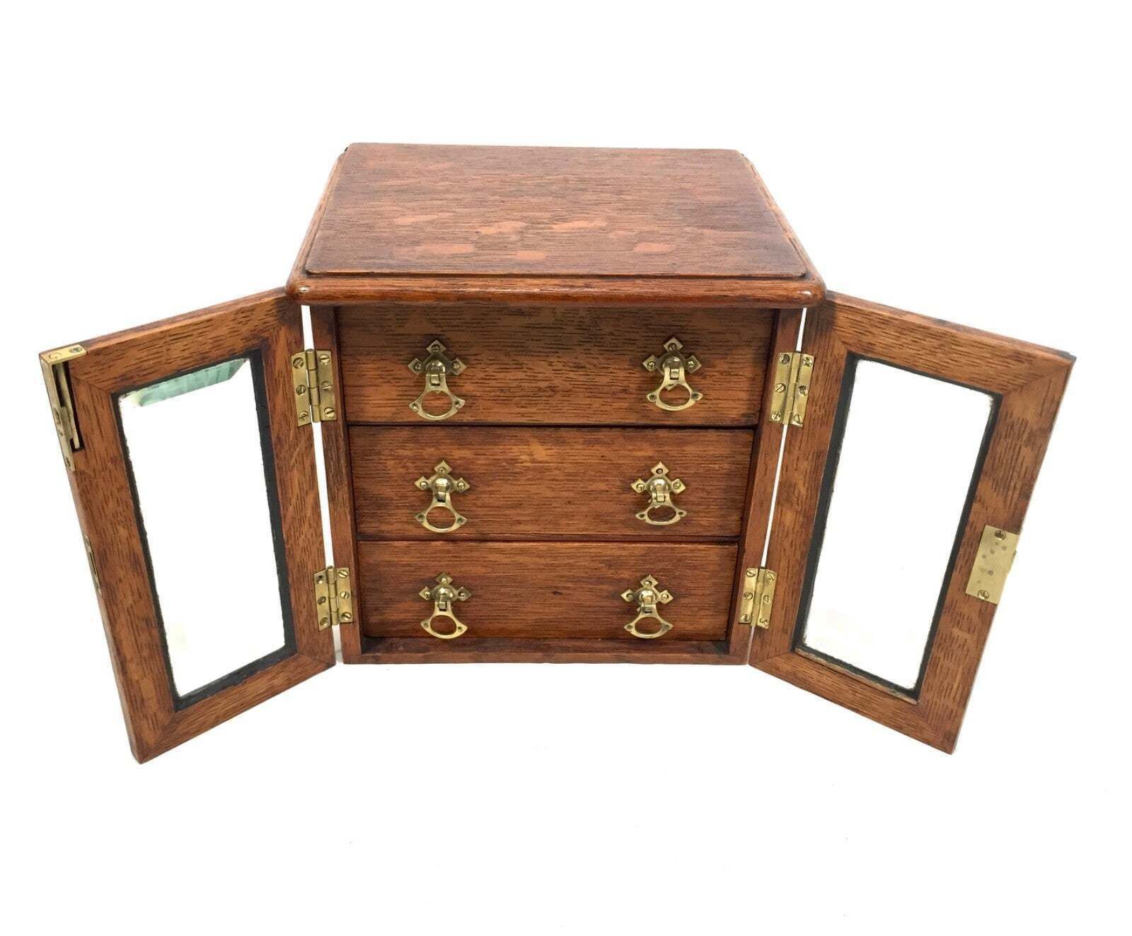 Furniture Antique Wooden Oak & Glass Tabletop Cabinet / Drawers / Jewellery Box With Key photo