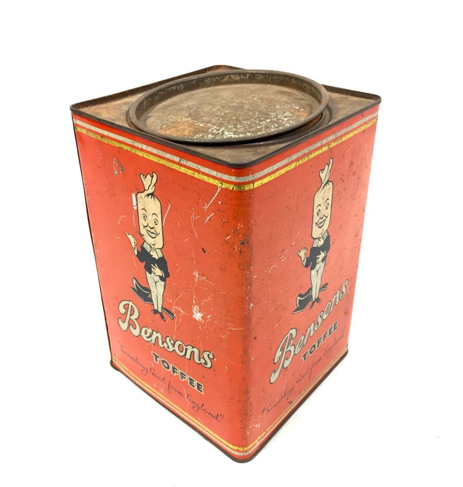 Antique Advertising English 1950s Pictorial Bensons Toffee Tin Container & Lid photo for sale