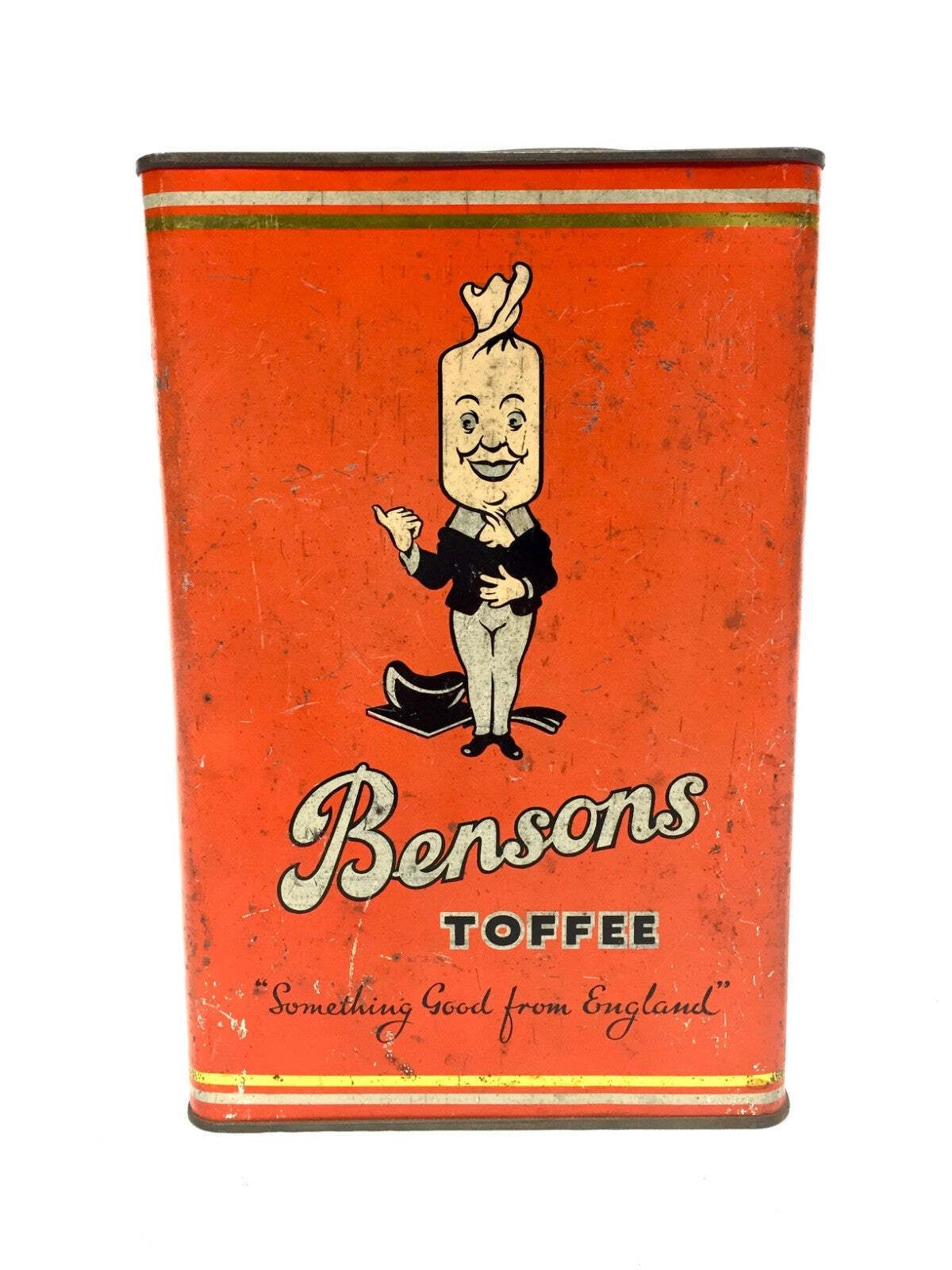 Antique Advertising English 1950s Pictorial Bensons Toffee Tin Container & Lid photo Home Decor
