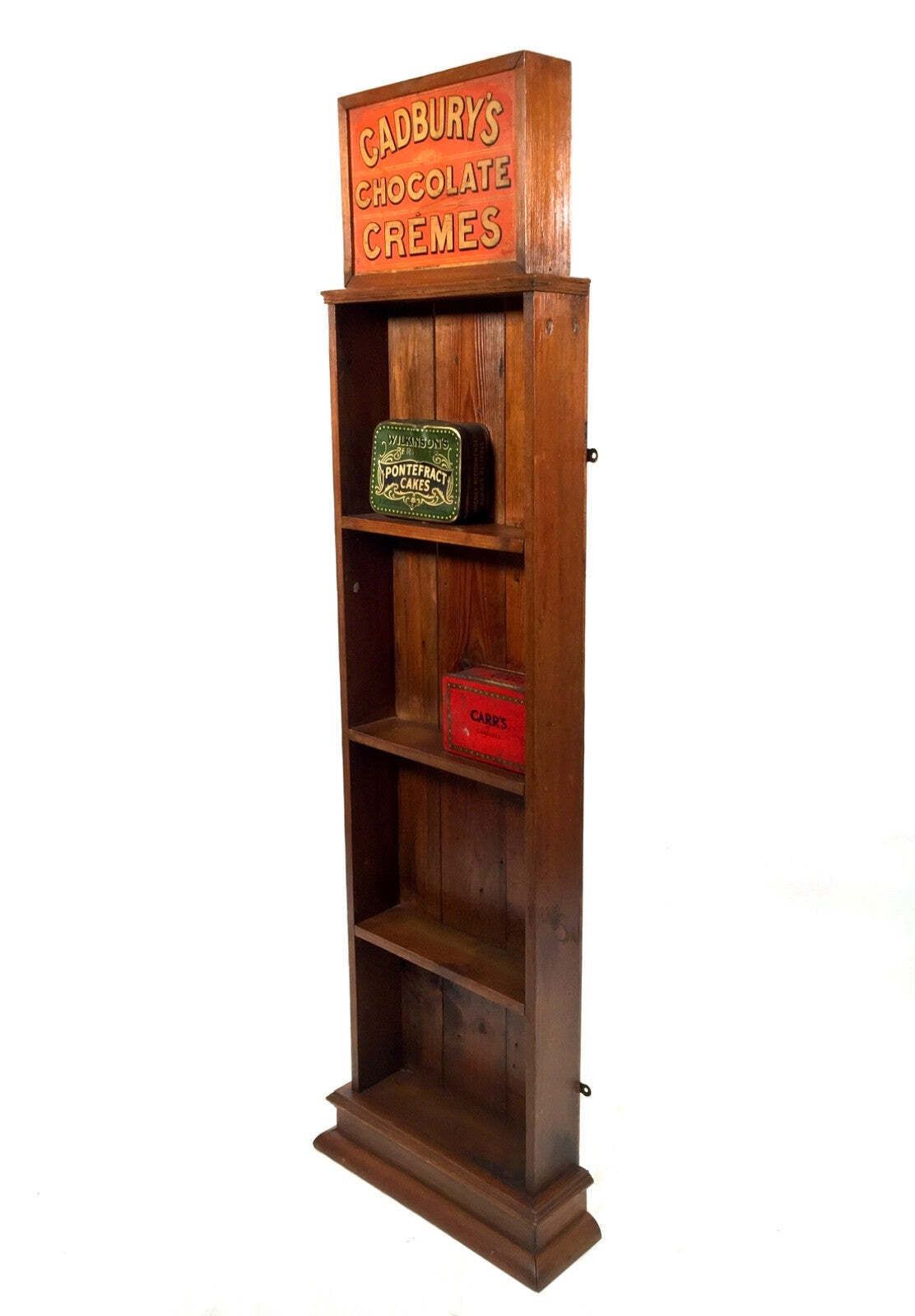 photo for sale Antique Stained Pine Wooden Wall Shelf Unit With Cadbury's Chocolate Display Box