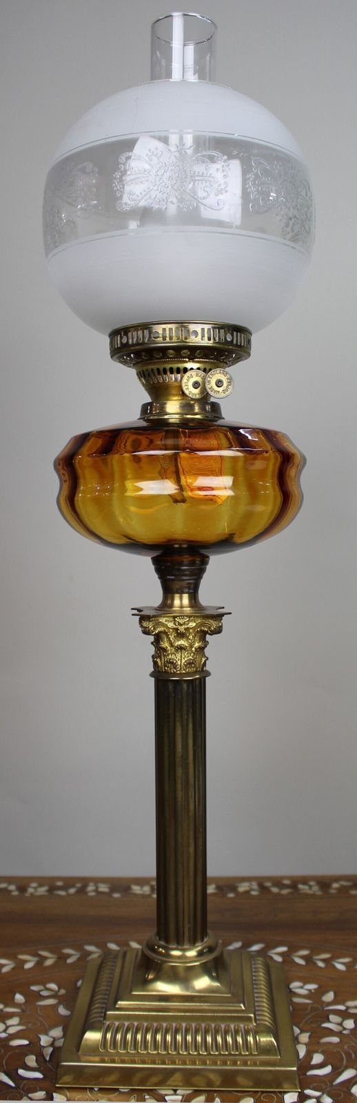 Victorian Brass Oil Lamp With Amber Glass Font photo furniture