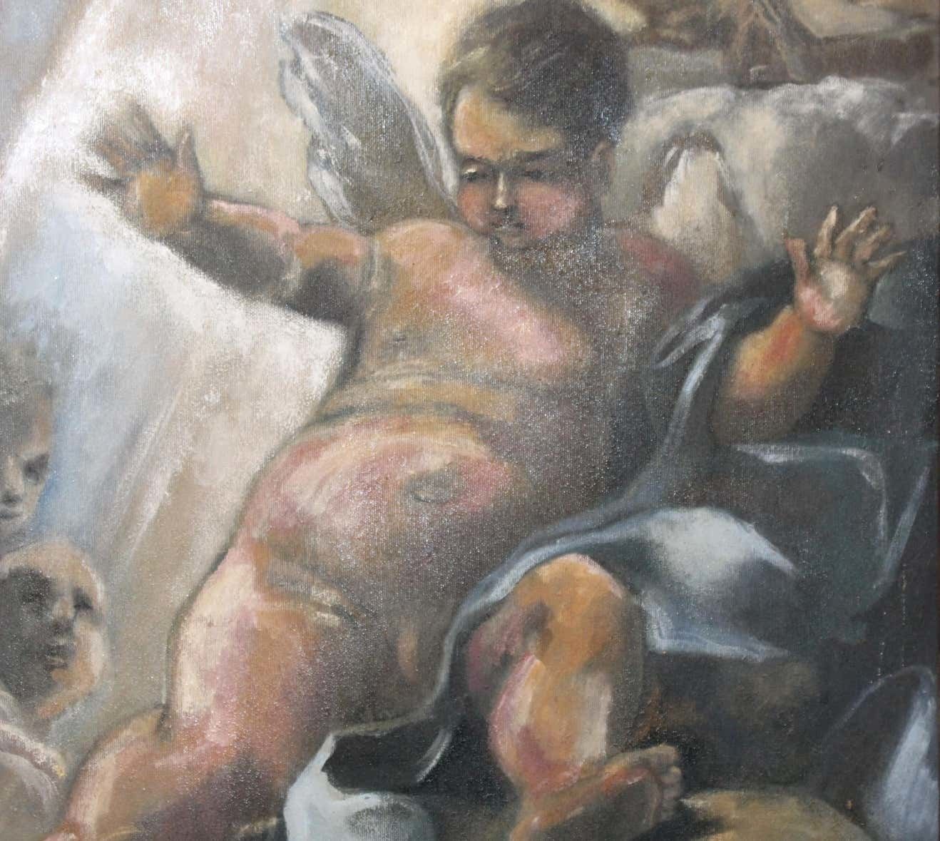 Italian Renaissance Style Cherub Oil On Canvas Giltwood Frame photo Art
