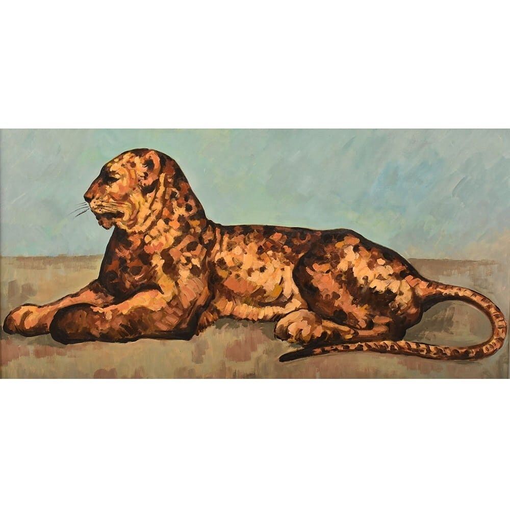 Leopard Portrait Painting, Oil On Cardboard, Mid 20th Century. photo for sale