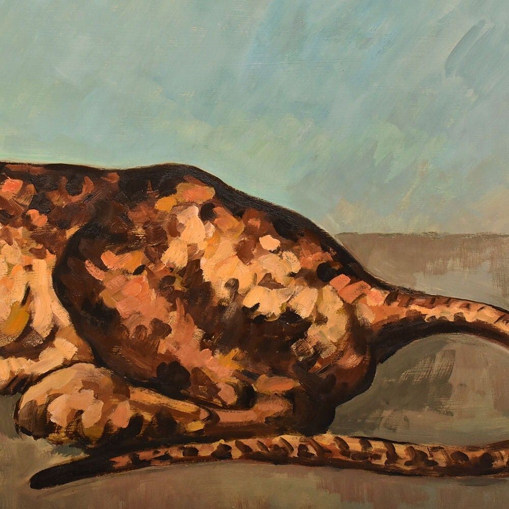 Leopard Portrait Painting, Oil On Cardboard, Mid 20th Century. photo vinterior
