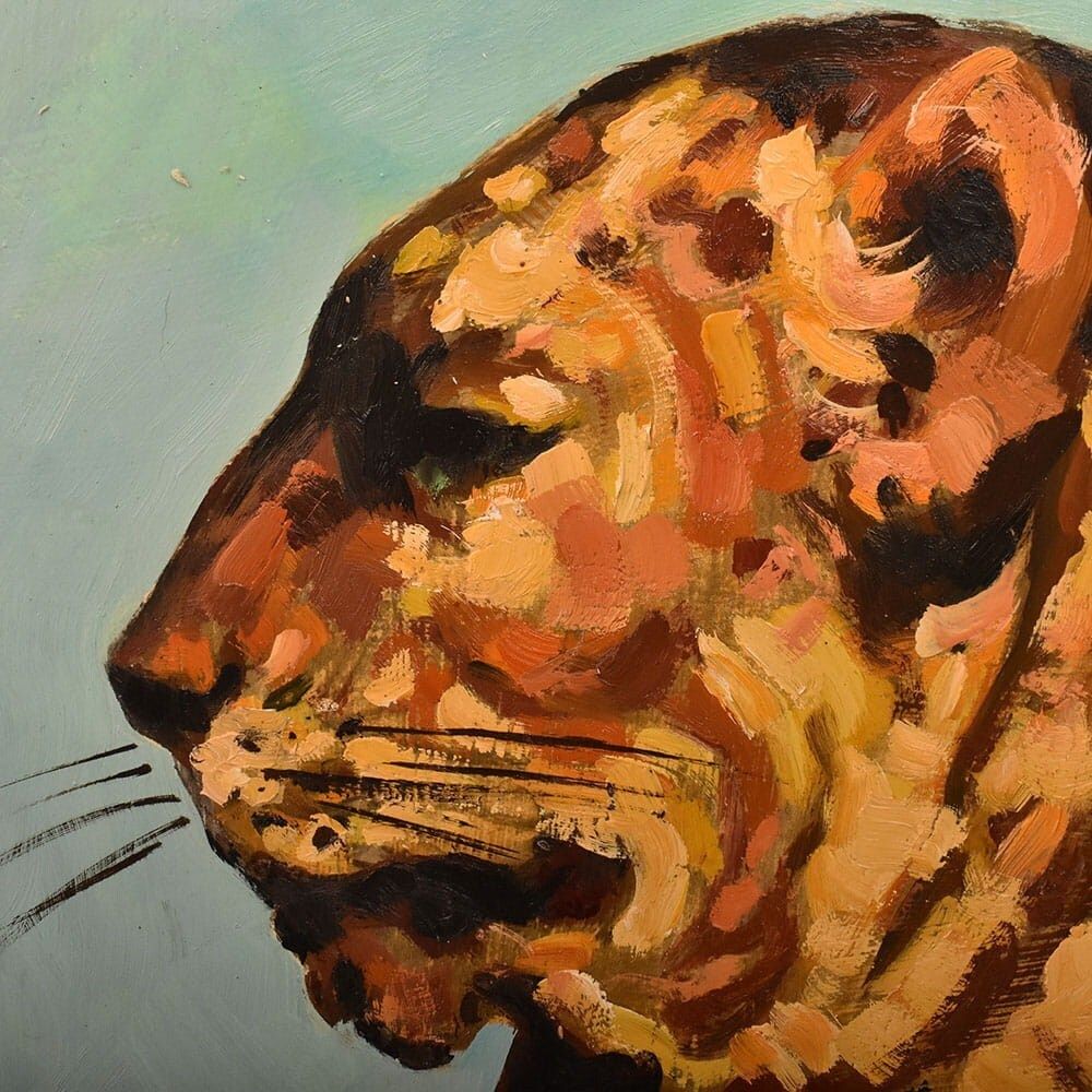 Leopard Portrait Painting, Oil On Cardboard, Mid 20th Century. photo buy