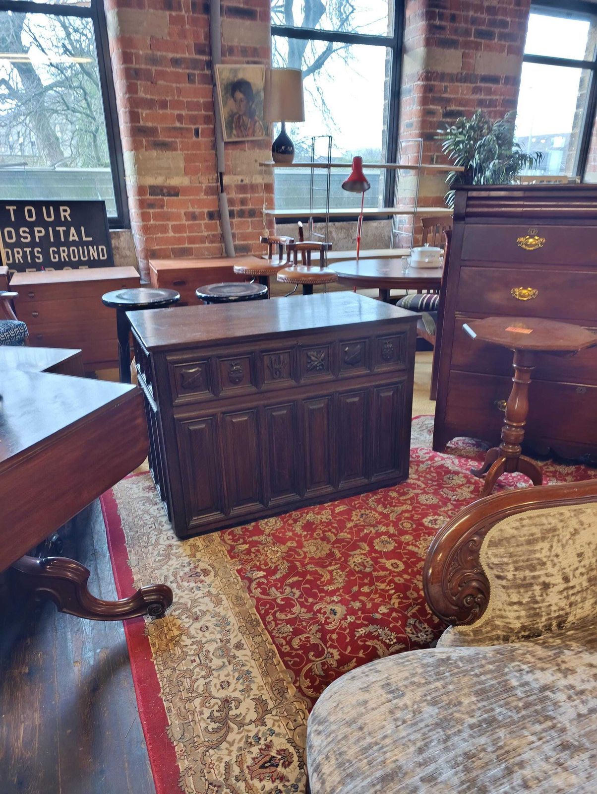 Tudor Revival Oak Coffer With Carved Heraldic Panels Early 20th Century photo furniture