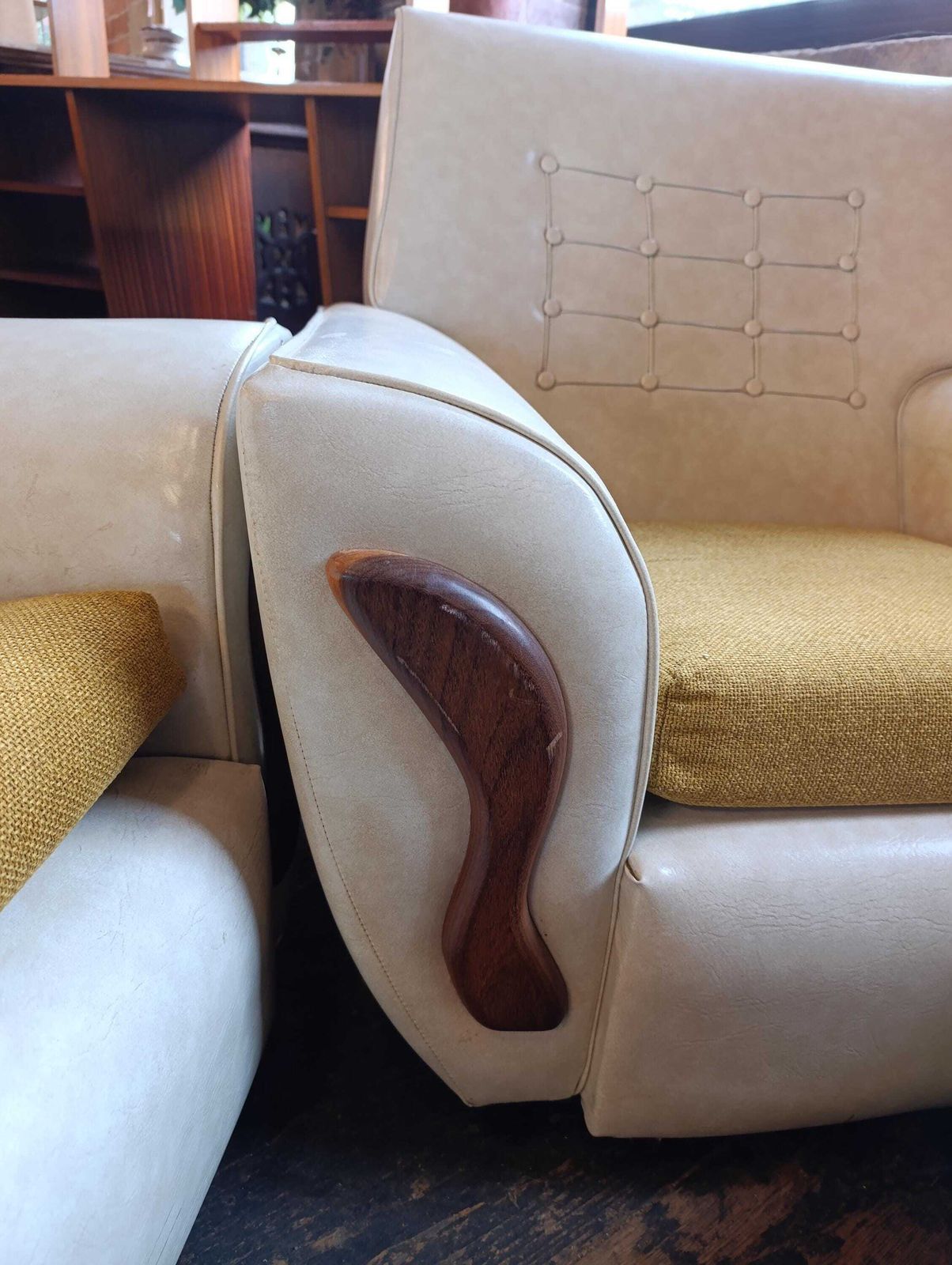 Mid Century Three Piece Lounge Suite In Off White Vinyl With Mustard Cushions photo vinterior