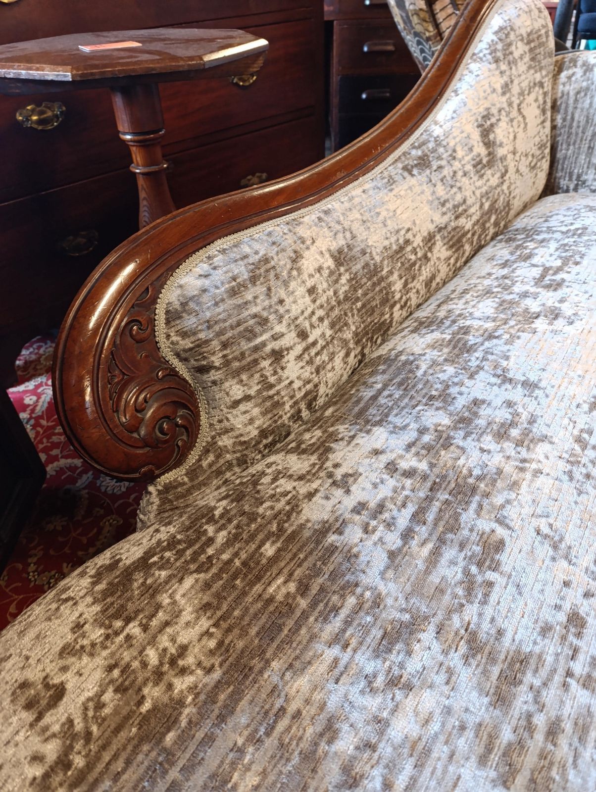 photo for sale Victorian Walnut Chaise Longue Newly Upholstered In Chenille