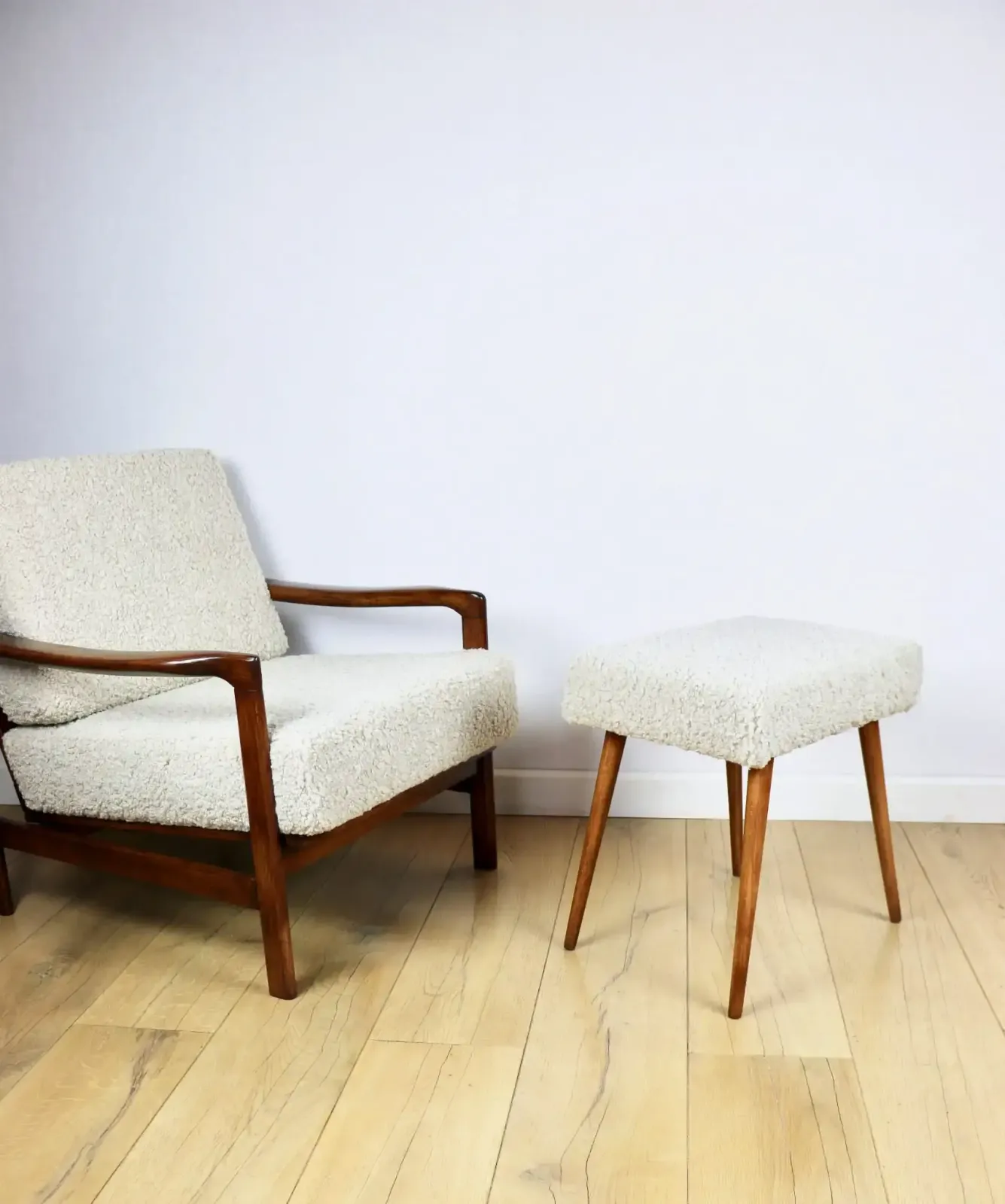 Vintage Brown Beige Ivory Wooden Armchair Long Hair Boucle Designed By Z. Bączyk   2 Pieces Available photo for sale