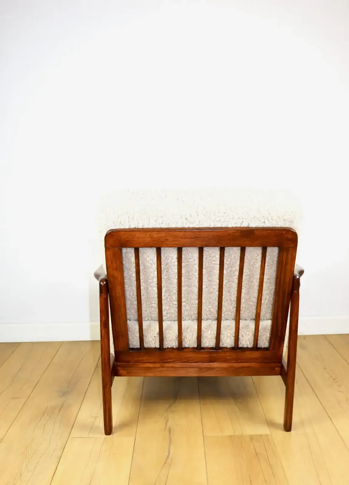 Vintage Brown Beige Ivory Wooden Armchair Long Hair Boucle Designed By Z. Bączyk   2 Pieces Available photo vintage