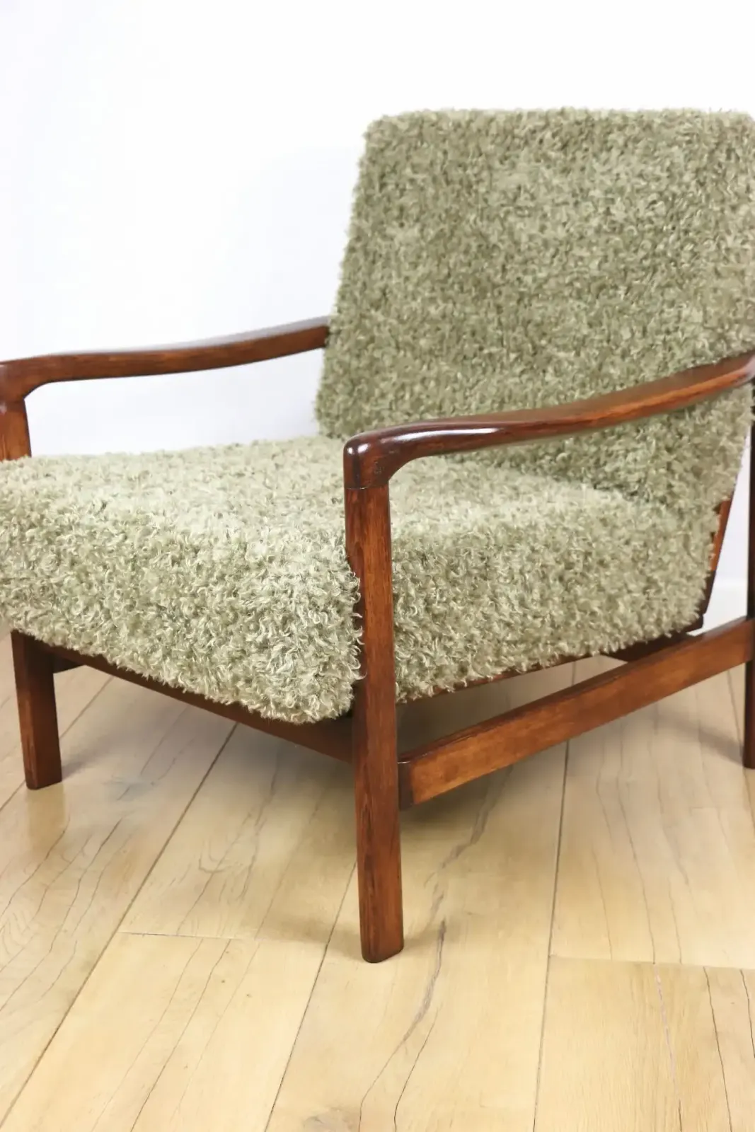 Vintage Brown Wooden Armchair Olive Green Long Hair Designed By Z. Bączyk   2 Pieces Available photo furniture