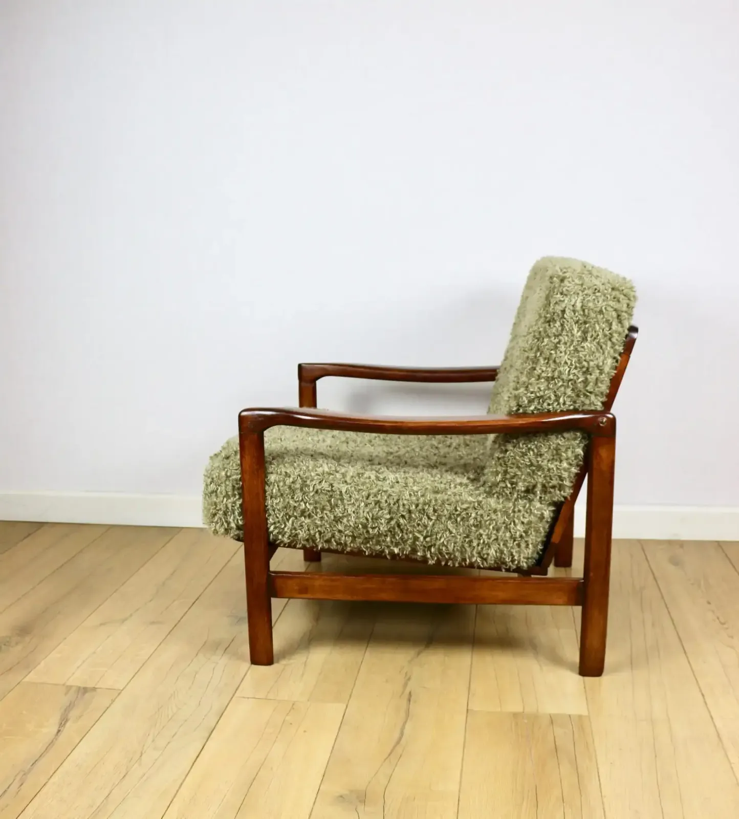 Vintage Brown Wooden Armchair Olive Green Long Hair Designed By Z. Bączyk   2 Pieces Available photo for sale