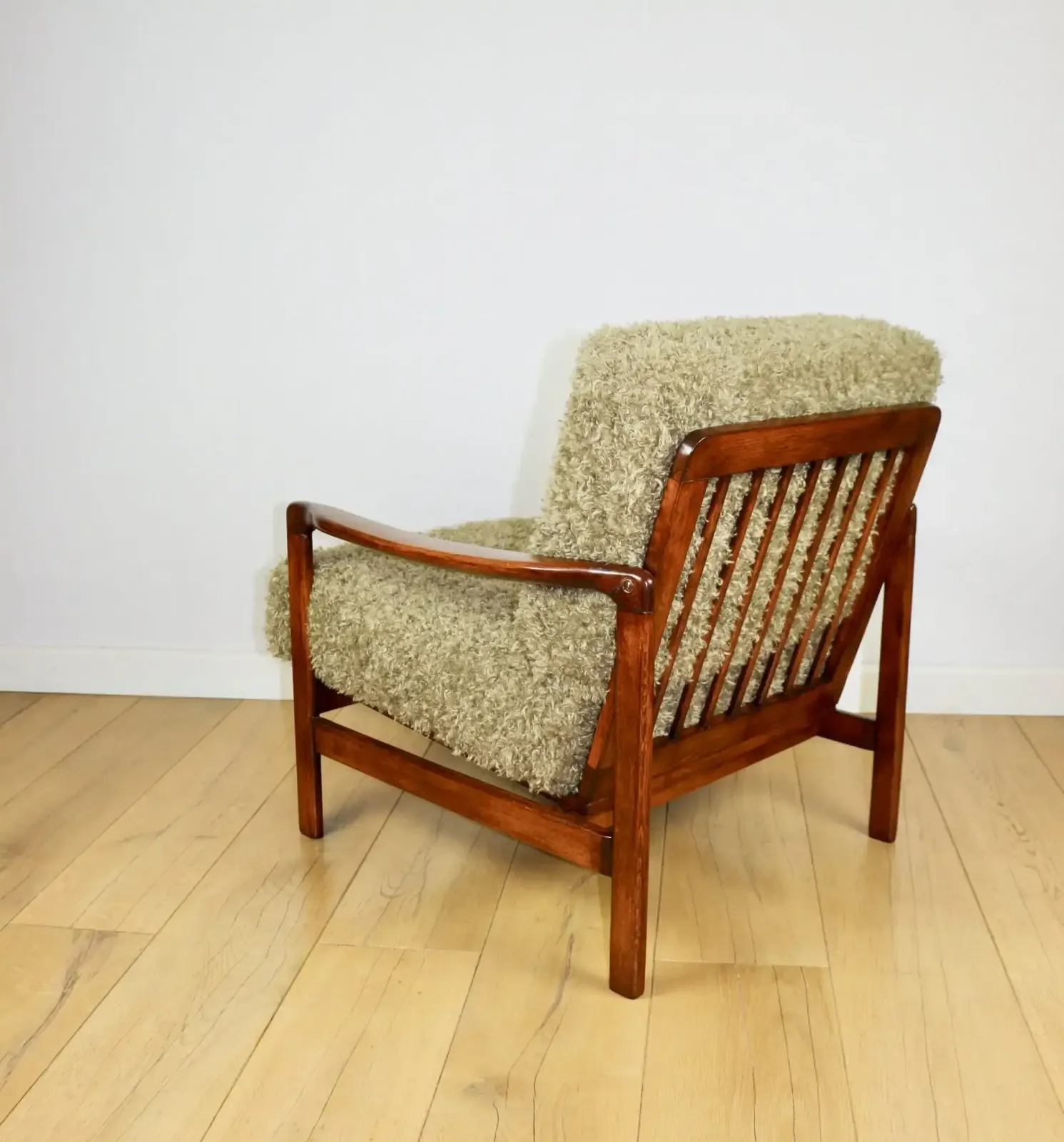 Vintage Brown Wooden Armchair Olive Green Long Hair Designed By Z. Bączyk   2 Pieces Available photo Furniture