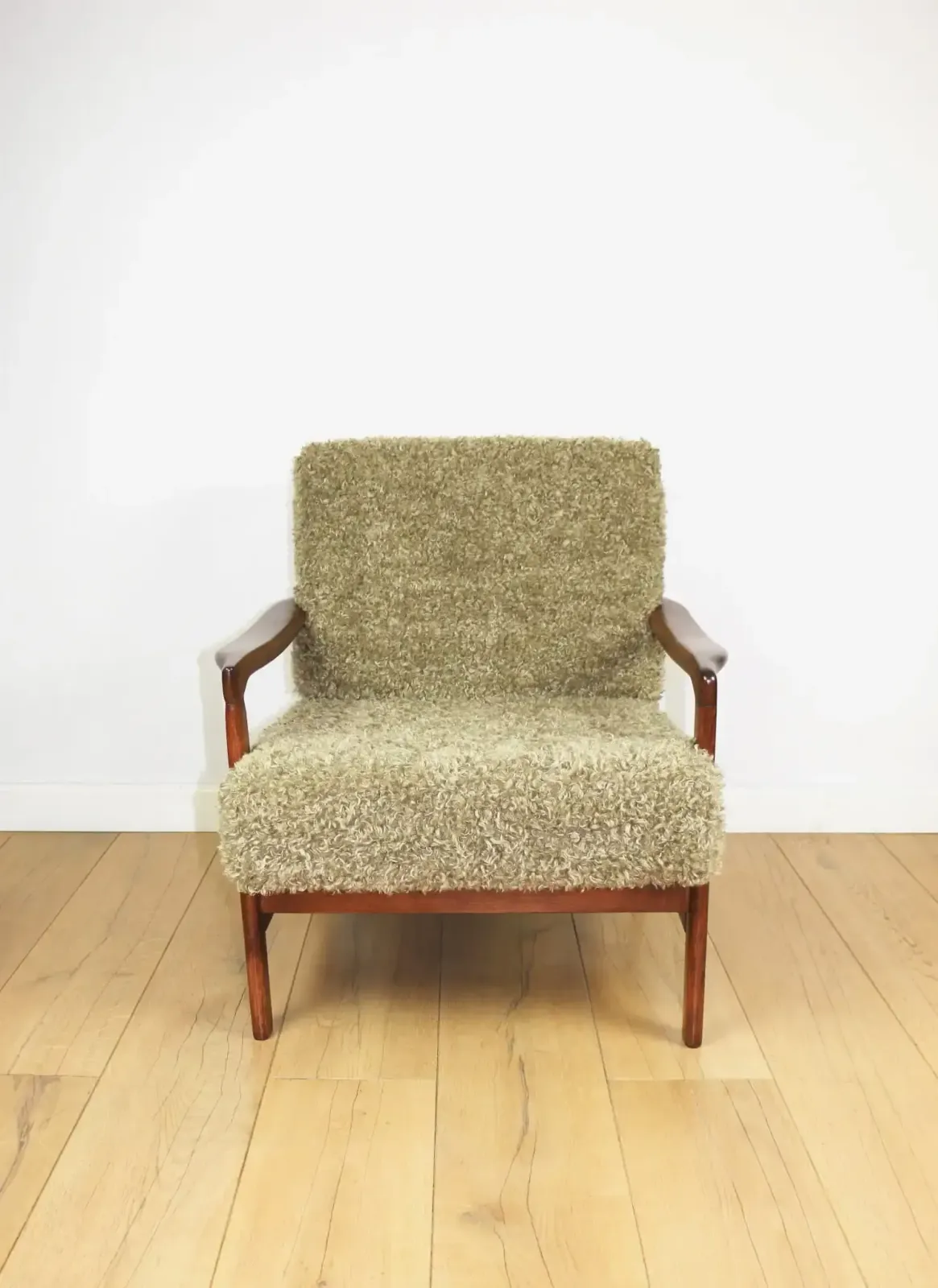 Furniture Vintage Brown Wooden Armchair Olive Green Long Hair Designed By Z. Bączyk   2 Pieces Available photo