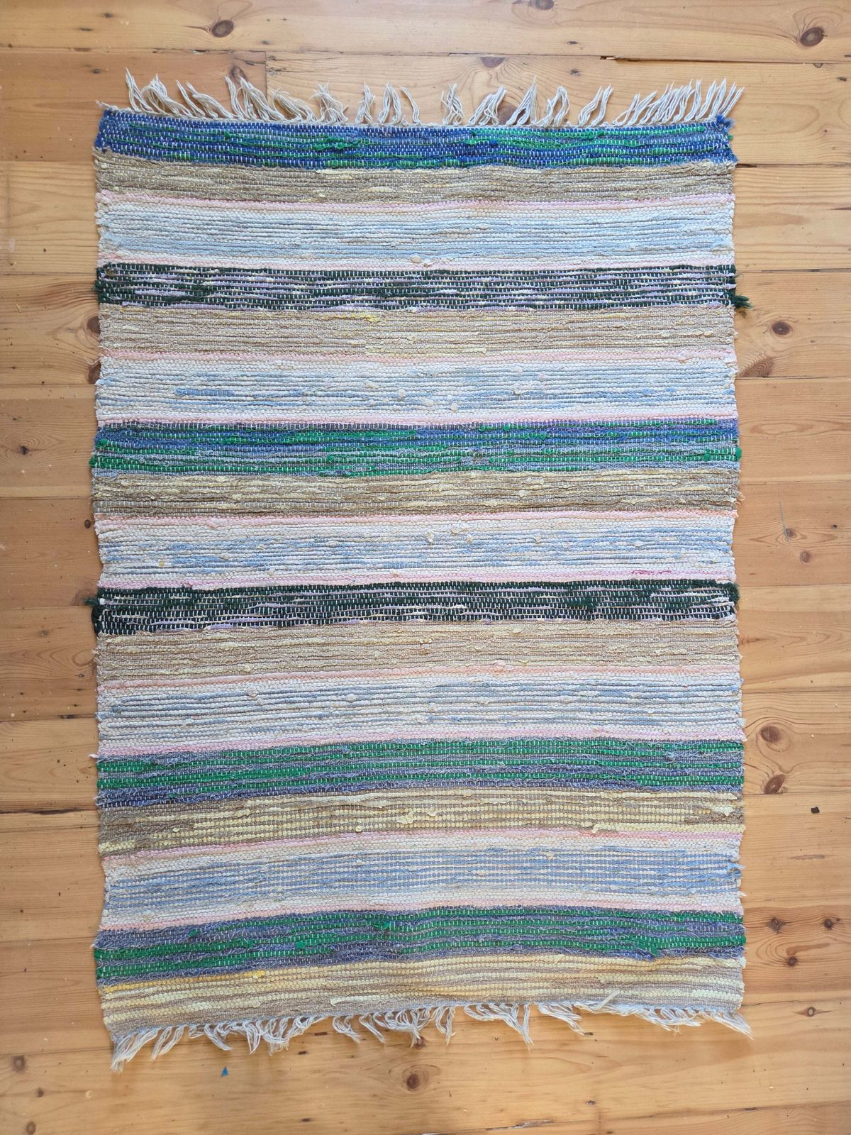 Vintage Swedish Rag Rug   Green, Ochre And Blue photo for sale