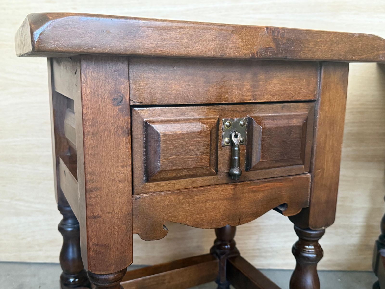 20th Century Spanish Nightstands With Drawer And Iron Hardware photo buy