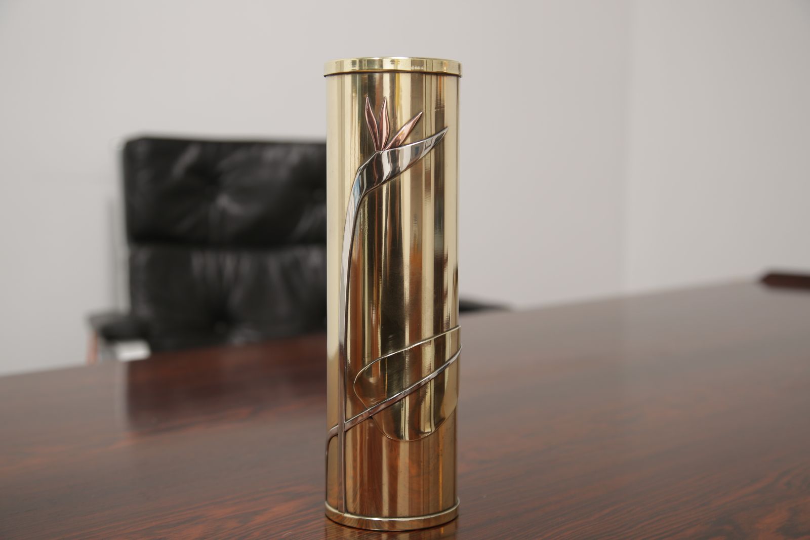 Art Deco Revival Brass Cylindrical Vase By Dara International, Chicago, 1983