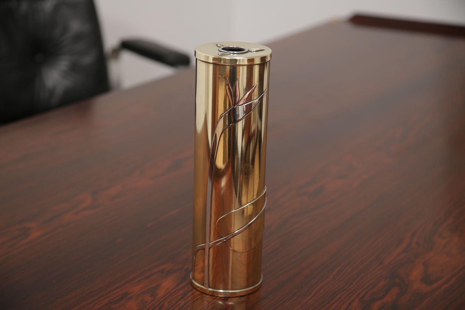 Art Deco Revival Brass Cylindrical Vase By Dara International, Chicago, 1983 photo for sale