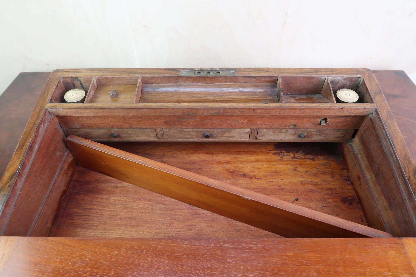 photo for sale Large Antique Campaign Burr Walnut Writing Box. English. Dated 1871