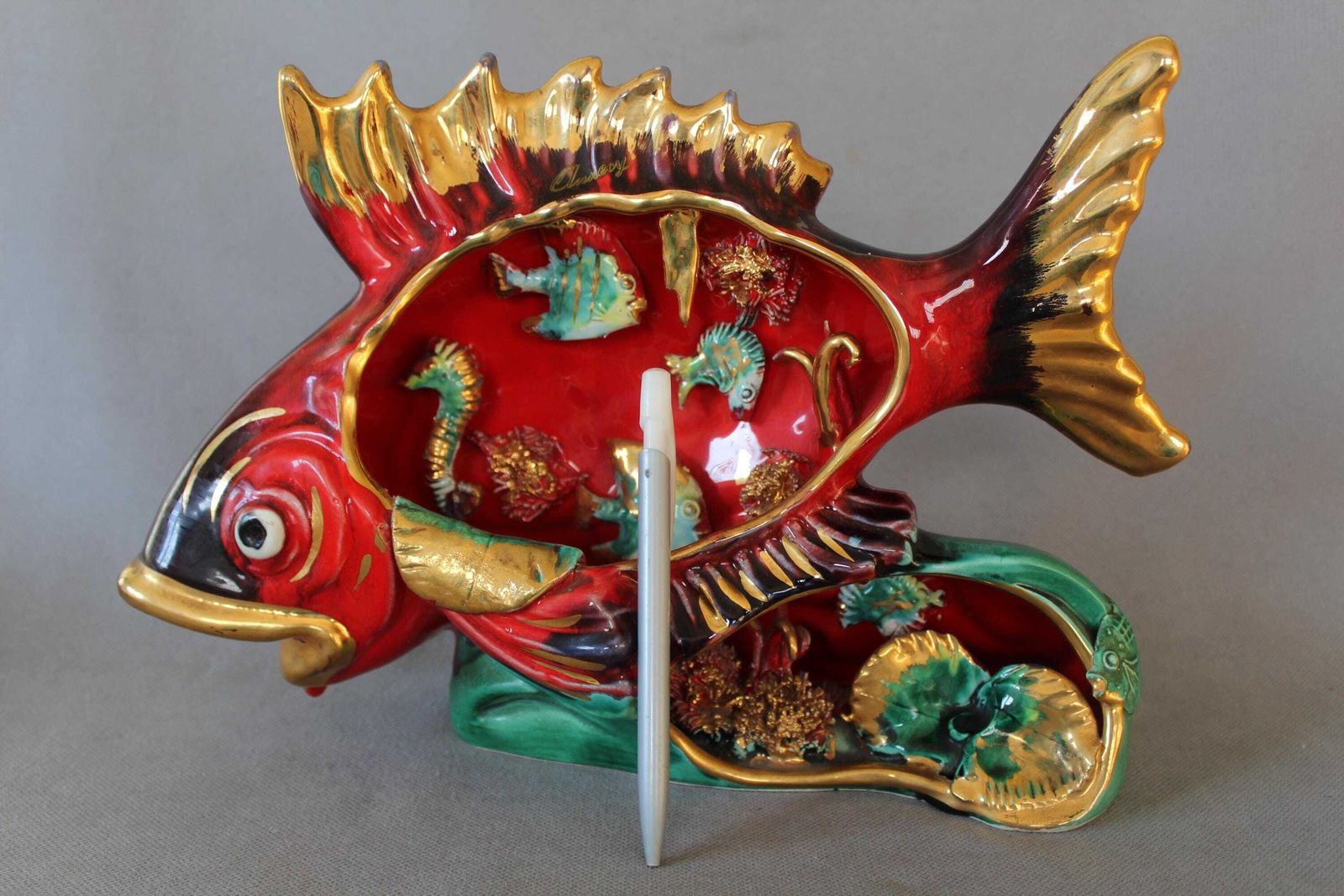 Large Vintage French Vallauris Sea Fish And Coral Sculpture, Was A Lamp Needs Wiring, Ceramic, Hand Made Nautical Decor, Mcm 3d Aquarium photo furniture