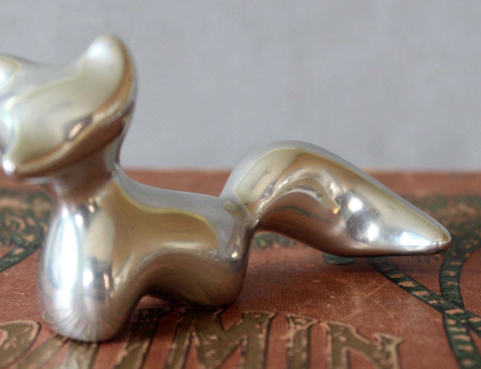 66.0 Vintage Hoselton Canada Fox Figurine, Polished Aluminum, Signed Numbered 1586, Modernist Abstract Stylized Sculpture photo