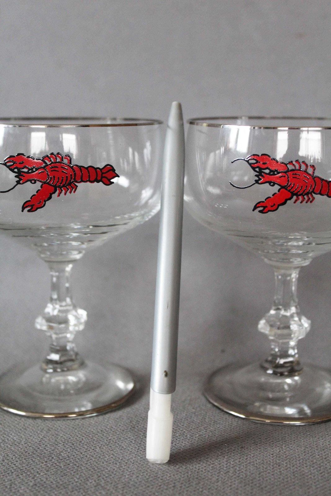 77.0 Set Van 5 Vintage Cocktailglazen Met Kreeftmotief, Garnalencocktail Coupe, Nautisch Zeevruchtendesign, Barware, Aperitief, Rand In Zilverkleur photo