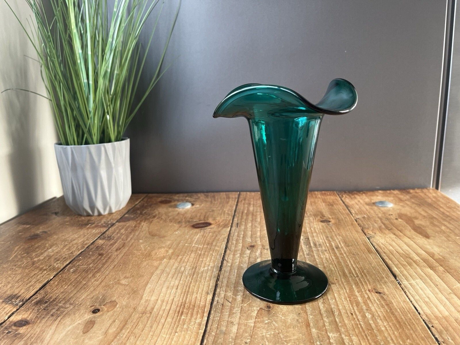 Gorgeous Antique 19th Century C1860 Bristol Green Glass Ruffled Rim Edge Vase photo furniture