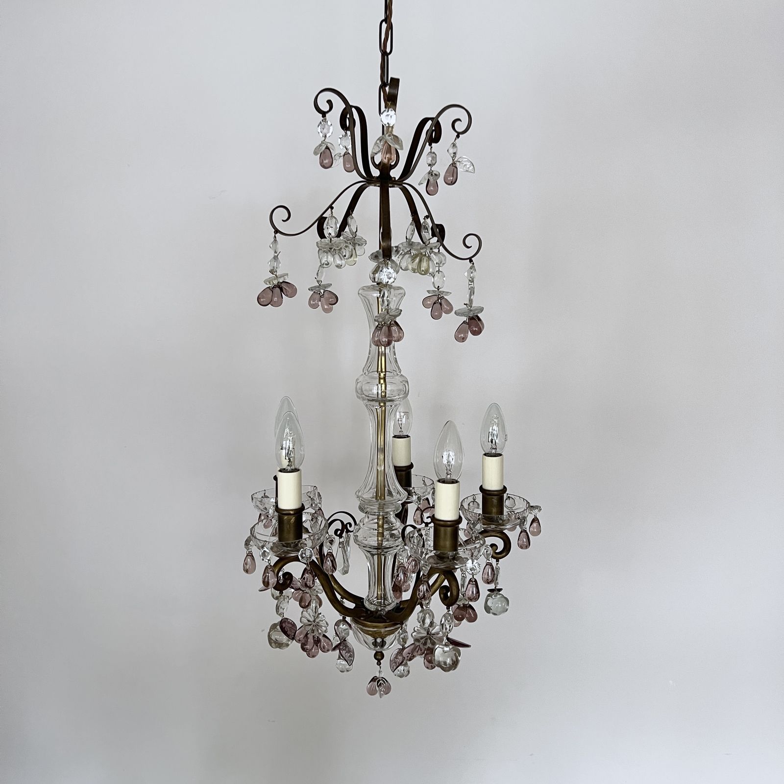 Decorative French Glass Chandelier With Unique Amethyst Crystal Drops photo for sale