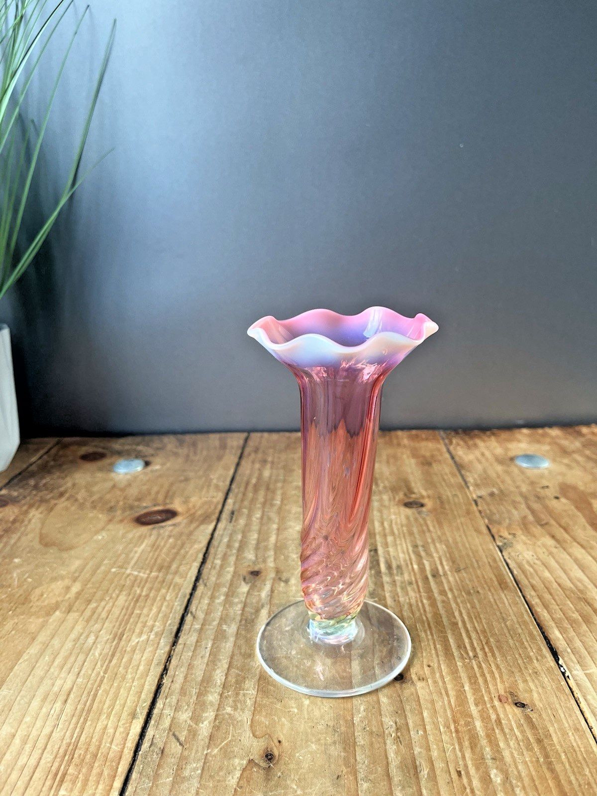photo for sale Antique English Victorian Cranberry Uranium Vaseline Glass Ruffled Rim Bud Vase