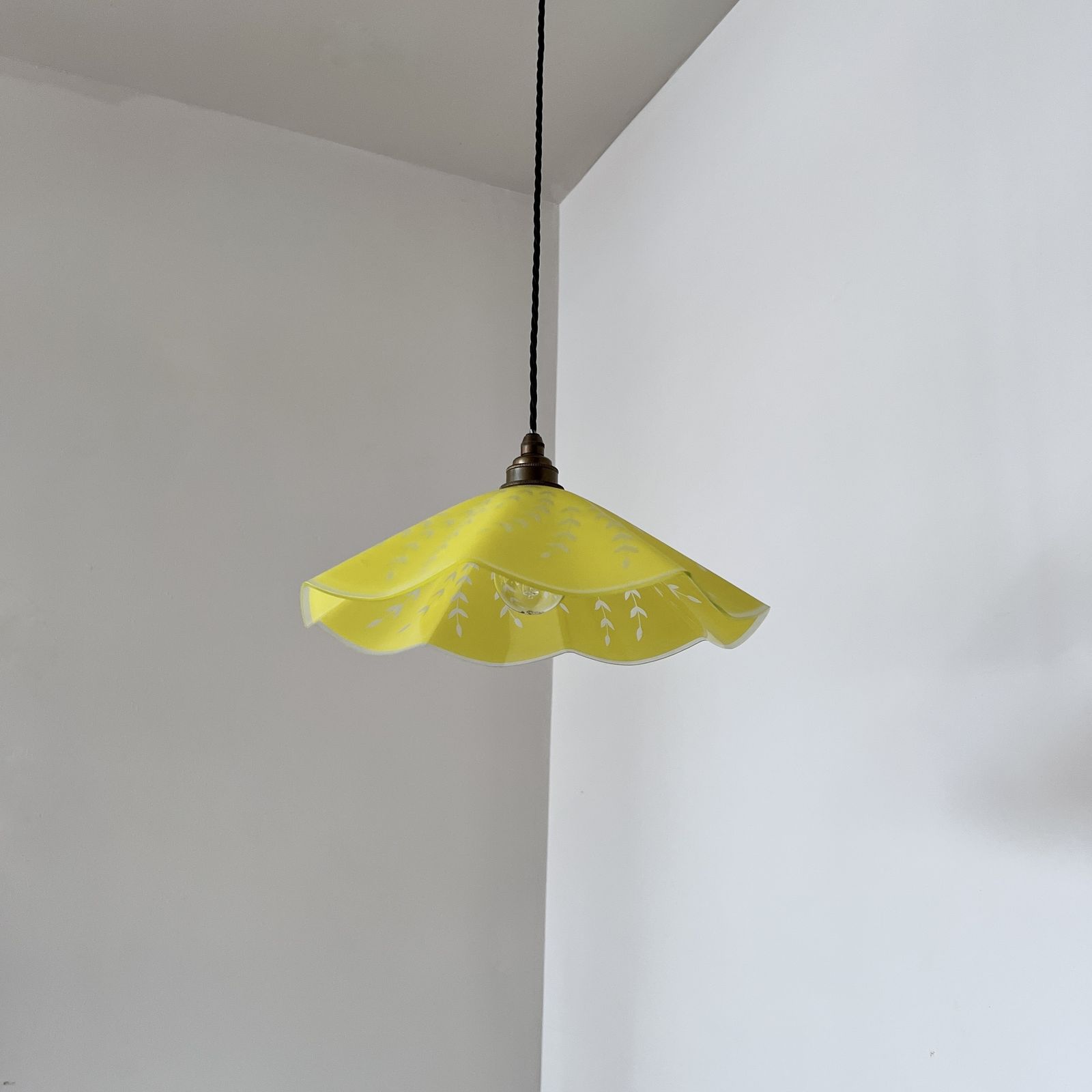 French Yellow Fluted Glass Shade With Floral Details photo for sale