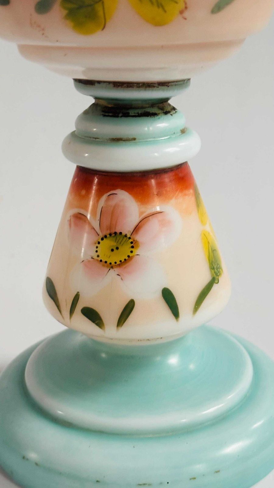 Victorian Opaline Milk Glass Oil Lamp, Hand Painted Floral Hurricane Table Lamp, 19th Century photo 169.0